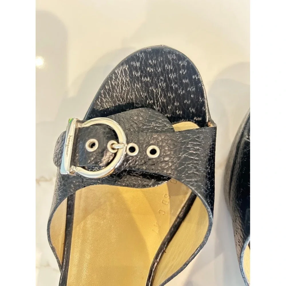 Salvatore Ferragamo Agostina Black Pebble Calf Leather Wedge Sandals 9B Italy